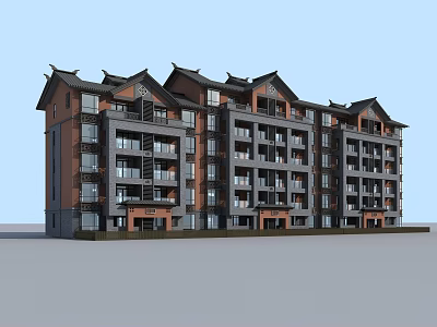 Multi story Residential Building With Chinese style Roof Modern Structure And Balconies 3d model