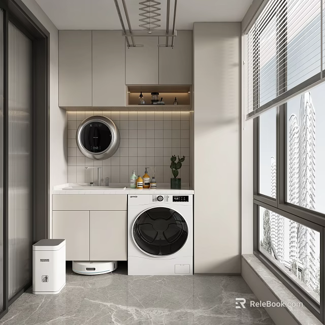 Home Balcony Interior With Washing Machine Storage Cabinets Sink And Potted Plant 3d model 