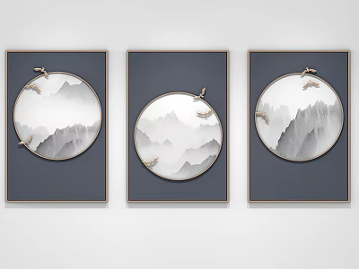 Three Framed Circular Mountain Landscape Paintings With Flying Birds And Dark Blue Background 3d model