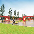 Fun Kids Go Kart Track With Checkerboard Fence And Tire Barriers On Grass Lawn