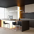 Modern Kitchen Bar Area With Black Beige Cabinetry Bar Stools And Pendant Lights