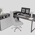 Modern Office Desk Setup With White Chair Computer Monitor Desk Lamp And Decorative Vase