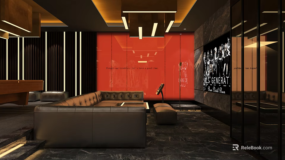 KTV Interior Design With Modern Red Wall Black Sofa And Large Screen Lighting 3d model 