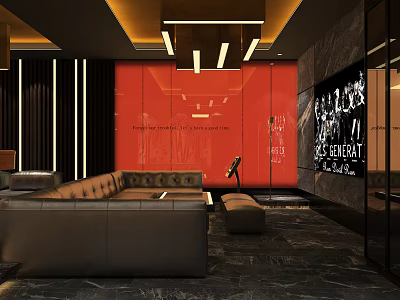 KTV Interior Design With Modern Red Wall Black Sofa And Large Screen Lighting 3d model