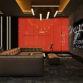 KTV Interior Design With Modern Red Wall Black Sofa And Large Screen Lighting 3d model