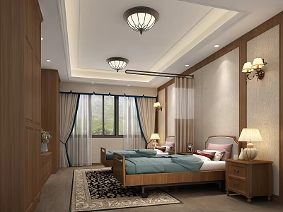 Cozy Bedroom Interior With Double Bed Wooden Furniture Ceiling Lights Wall Sconces Curtains And Rug 3d model