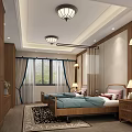 Cozy Bedroom Interior With Double Bed Wooden Furniture Ceiling Lights Wall Sconces Curtains And Rug