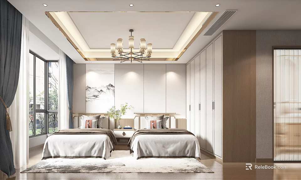 Modern Bedroom Interior With Twin Beds Chandelier Wardrobes Rug Windows And Decorative Painting 3d model 