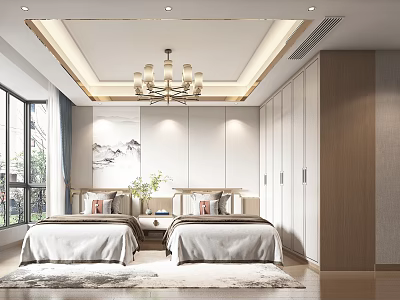 Modern Bedroom Interior With Twin Beds Chandelier Wardrobes Rug Windows And Decorative Painting 3d model