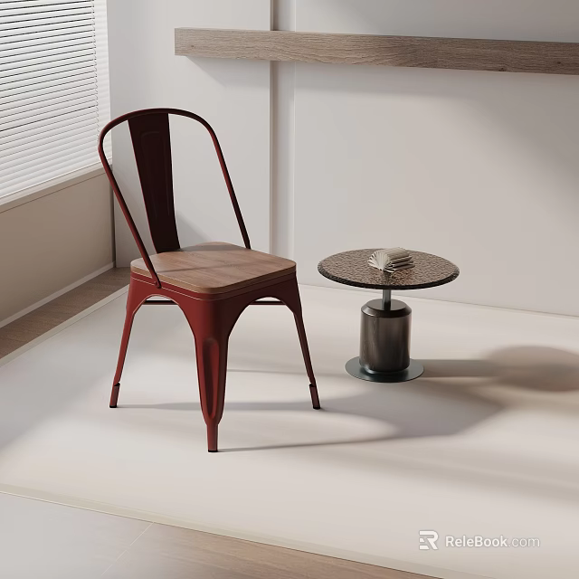Modern Red Leisure Chair With Metal Legs Wooden Seat And Round Woven Top Side Table 3d model 
