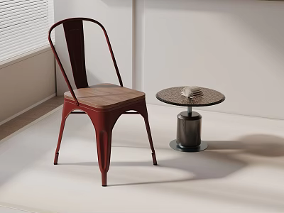 Modern Red Leisure Chair With Metal Legs Wooden Seat And Round Woven Top Side Table 3d model