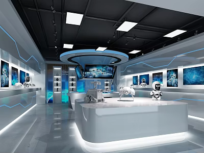 Modern Exhibition Hall Interior With Display Counters Lighting And Tech Exhibits 3d model