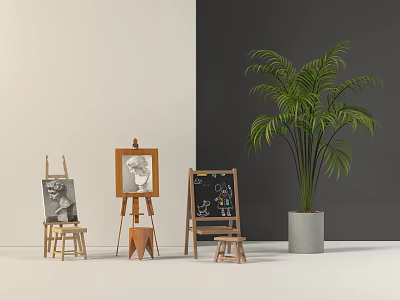 Sketching Art Supplies Display With Easels Drawing Boards Stools And Potted Palm Tree In White Gray Room 3d model