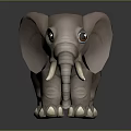 3D Model Cartoon Elephant Character with Big Eyes White Tusks Gray Body on Black Background