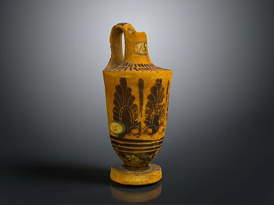 Ancient Carved Ceramic Vase With Handle Yellow Body And Black Floral Patterns 3d model