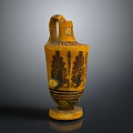 Ancient Carved Ceramic Vase With Handle Yellow Body And Black Floral Patterns