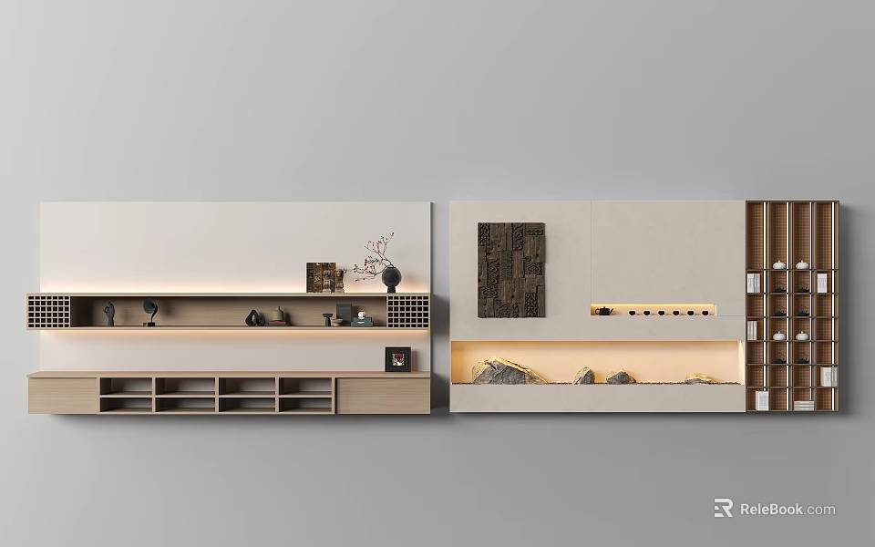 Modern Minimalist Background Wall Design With Wooden Shelves Decorative Painting And Recessed Lighting 3d model 