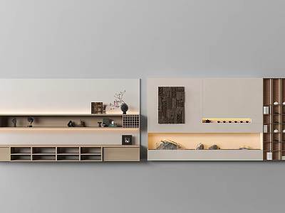 Modern Minimalist Background Wall Design With Wooden Shelves Decorative Painting And Recessed Lighting 3d model