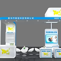 Customized Exhibition Booth With White And Blue Display Cabinets And Shelves
