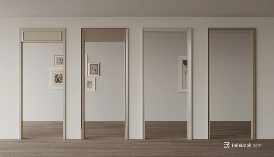 Minimalist Room Interior With Multiple Doorways And Framed Artworks On Wooden Floor 3d model 