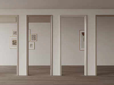 Minimalist Room Interior With Multiple Doorways And Framed Artworks On Wooden Floor 3d model