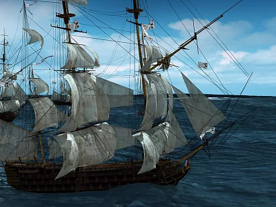 Tall Vintage Sailing Ship With Full White Sails Navigating Open Ocean And Blue Sky 3d model