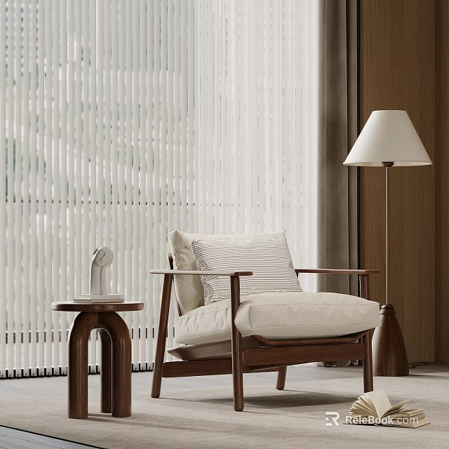 Modern Accent Chair With Wooden Frame Beige Cushion Side Table And Floor Lamp 3d model 
