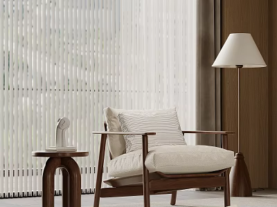 Modern Accent Chair With Wooden Frame Beige Cushion Side Table And Floor Lamp 3d model