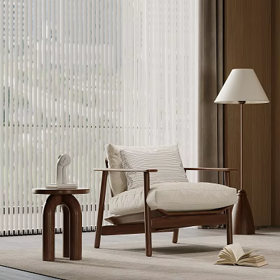 Modern Accent Chair With Wooden Frame Beige Cushion Side Table And Floor Lamp 3d model