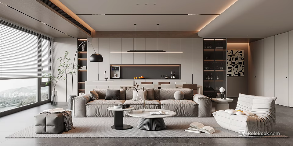 Modern Living And Dining Room Interior With Gray Sofa Round Coffee Table And Lighting 3d model 
