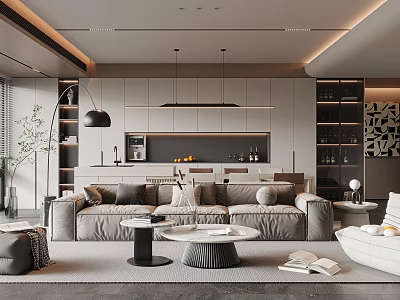 Modern Living And Dining Room Interior With Gray Sofa Round Coffee Table And Lighting 3d model