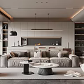 Modern Living And Dining Room Interior With Gray Sofa Round Coffee Table And Lighting