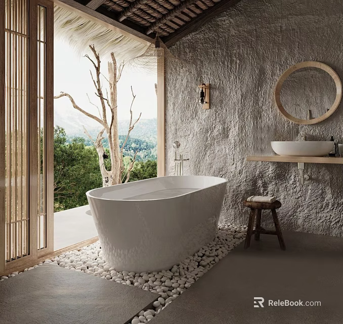 Modern Bathroom Interior Featuring Freestanding Bathtub Round Mirror Stone Wall Wooden Stool And Natural View 3d model 