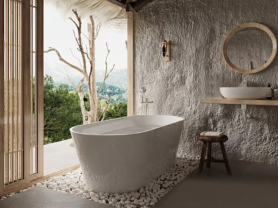 Modern Bathroom Interior Featuring Freestanding Bathtub Round Mirror Stone Wall Wooden Stool And Natural View 3d model