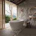 Modern Bathroom Interior Featuring Freestanding Bathtub Round Mirror Stone Wall Wooden Stool And Natural View