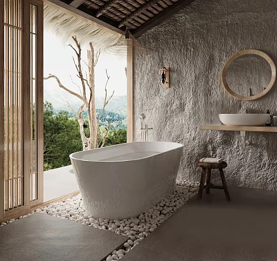 Modern Bathroom Interior Featuring Freestanding Bathtub Round Mirror Stone Wall Wooden Stool And Natural View 3d model