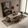Modern Elegant Dining Set With Oval Marble Table 8 Upholstered Chairs Red Pendant Lights 3d model