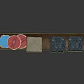 Rustic Wooden Shelf With Stacked Fabrics And Colorful Decorative Boxes