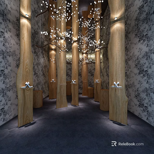 Elegant Boutique Store With Wooden Display Pillars Hanging Branch Lighting Patterned Walls And Shoe Displays 3d model 