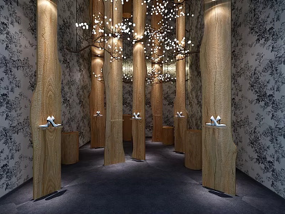 Elegant Boutique Store With Wooden Display Pillars Hanging Branch Lighting Patterned Walls And Shoe Displays 3d model