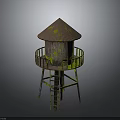 Vintage Rusted Water Tower With Conical Roof Moss Covered Surface And Metal Ladder