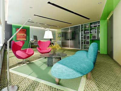 Modern Office Interior With Green Walls Pink Chairs Blue Sofa Bookshelves And Floor Lamp 3d model