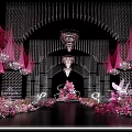 Elegant Event Stage With Pink Drapes Chandeliers And Flower Decorated Tables