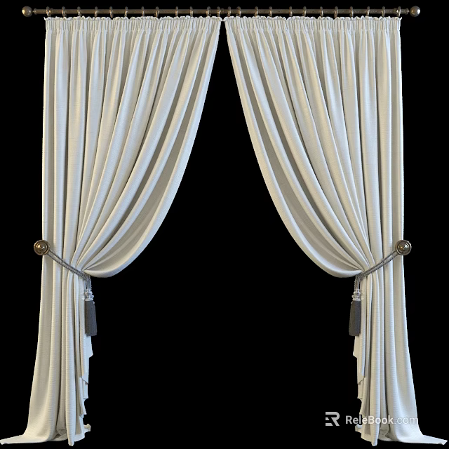 Elegant White Flowy Curtains With Tassel Ties And Soft Pleated Design 3d model 
