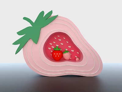 Strawberry Shaped 3D Paper Craft With Small Strawberries Seeds And Green Leaves 3d model