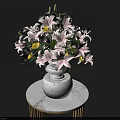 Fresh Pink Lilies in White Vase on Marble Round Table with Golden Legs