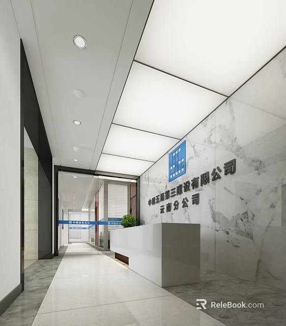 Modern Office Front Desk Reception With Marble Wall Company Logo And Reception Counter 3d model 