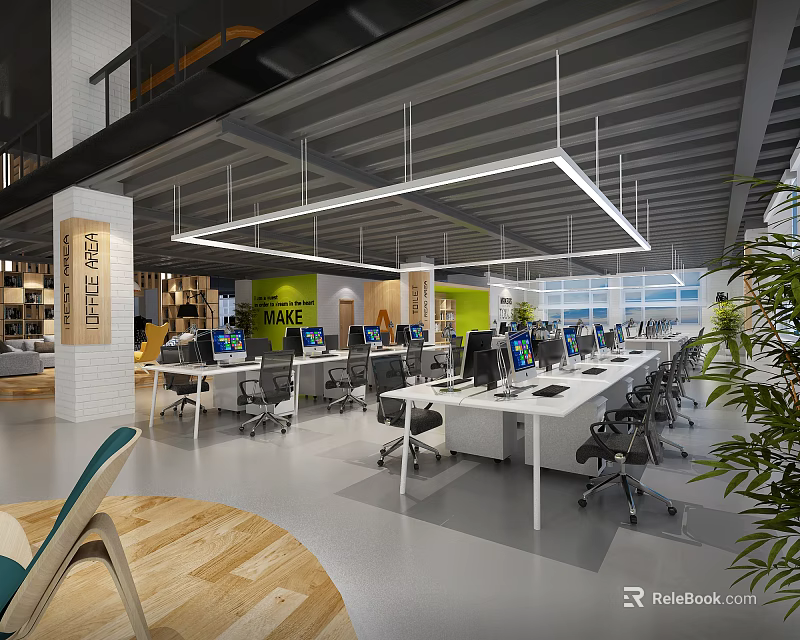 Modern Public Office Space with Open Layout Workstations Computers Ergonomic Chairs and Green Plants 3d model 