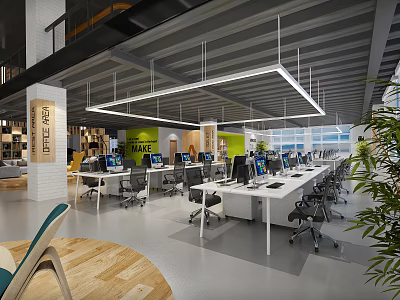 Modern Public Office Space with Open Layout Workstations Computers Ergonomic Chairs and Green Plants 3d model