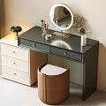 Modern Dressing Table with Round Mirror Drawer Cabinet and Brown Stool 3d model